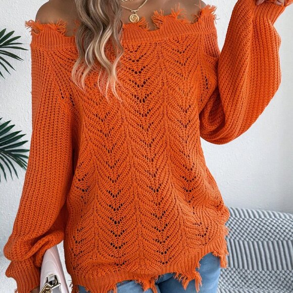 Orange Women's Off Shoulder Sweater Frayed Hem Detail Long Sleeve Pullover - Picture 7 of 8